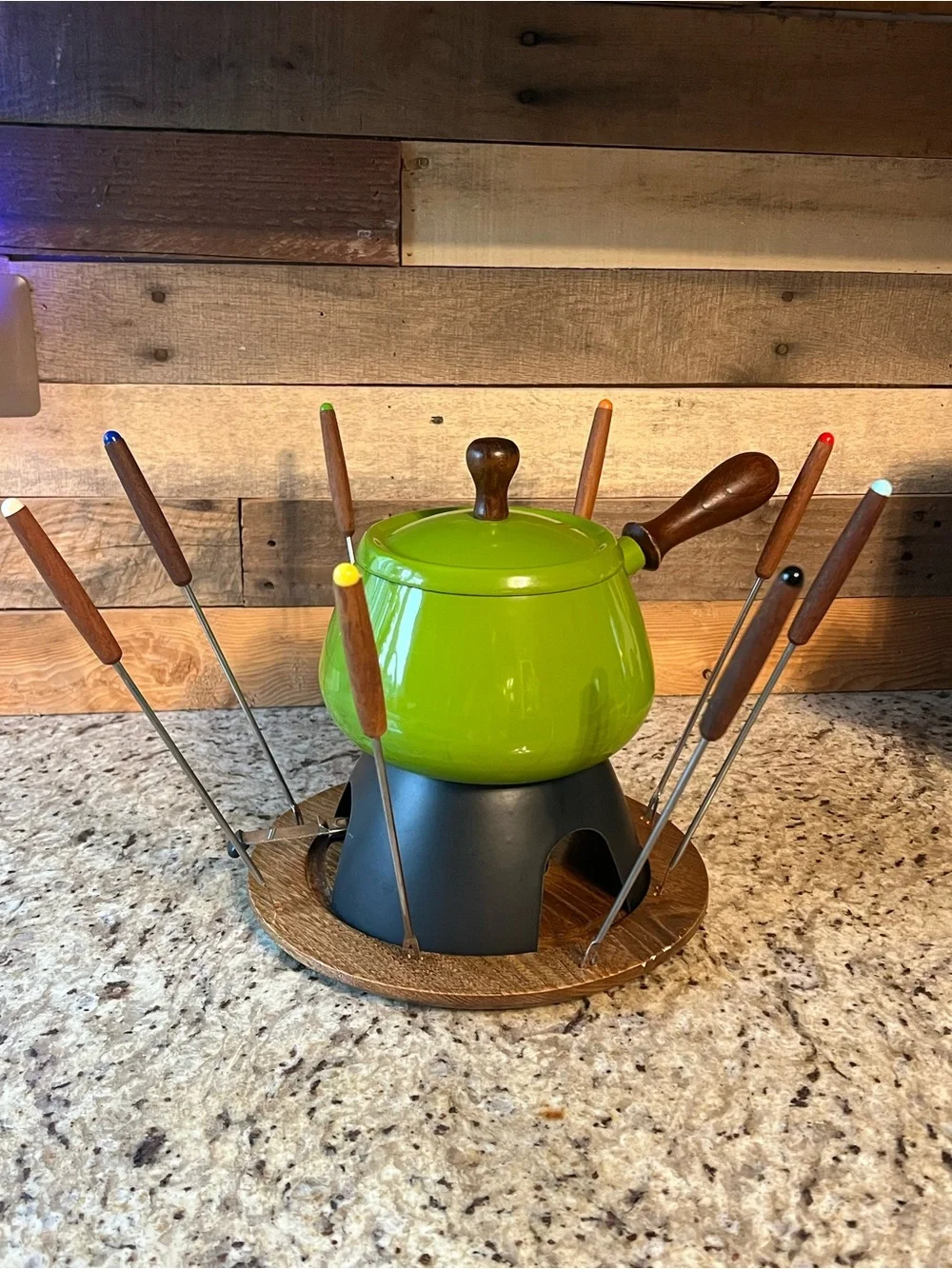 Vintage MCM Green Enamel Fondue Set with Wooden Handles